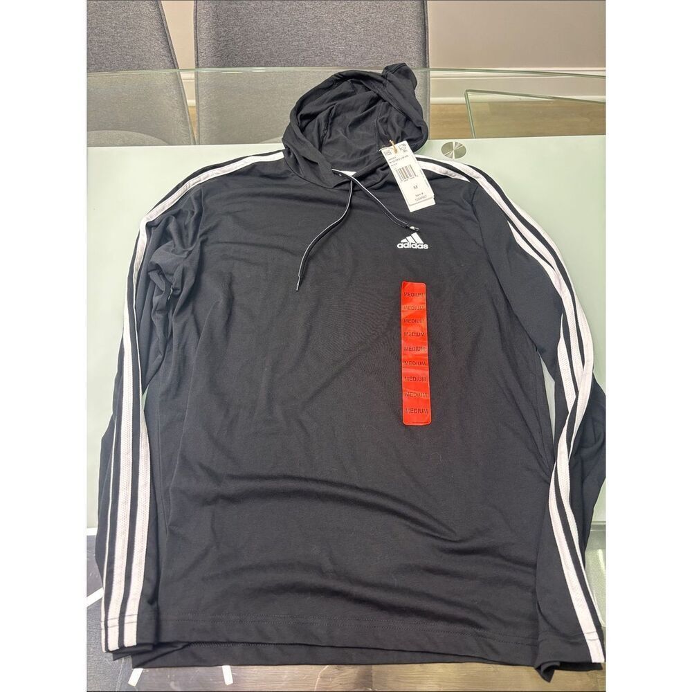 adidas NWT Black Hoodie with White Sleeve Stripes light